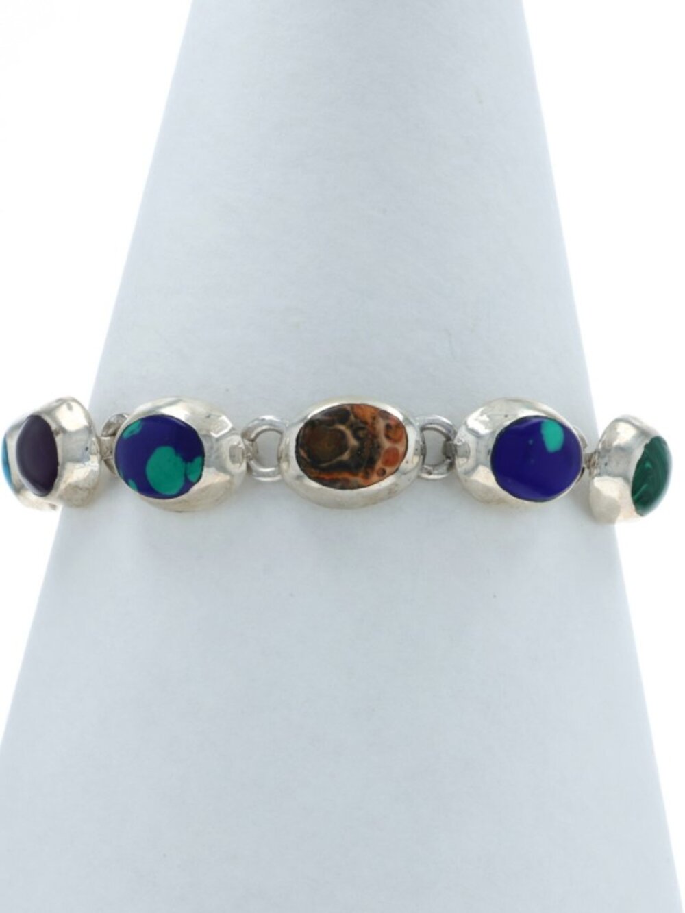 Sterling Onyx Azurite Malachite Link Bracelet 7 1/4" - 925 Oval Cabochon